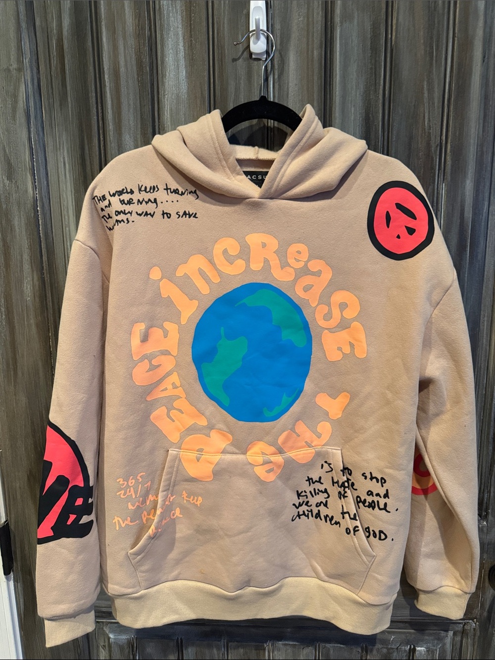 PacSun Beige Hoodie with Blue & Green Globe and Orange Text